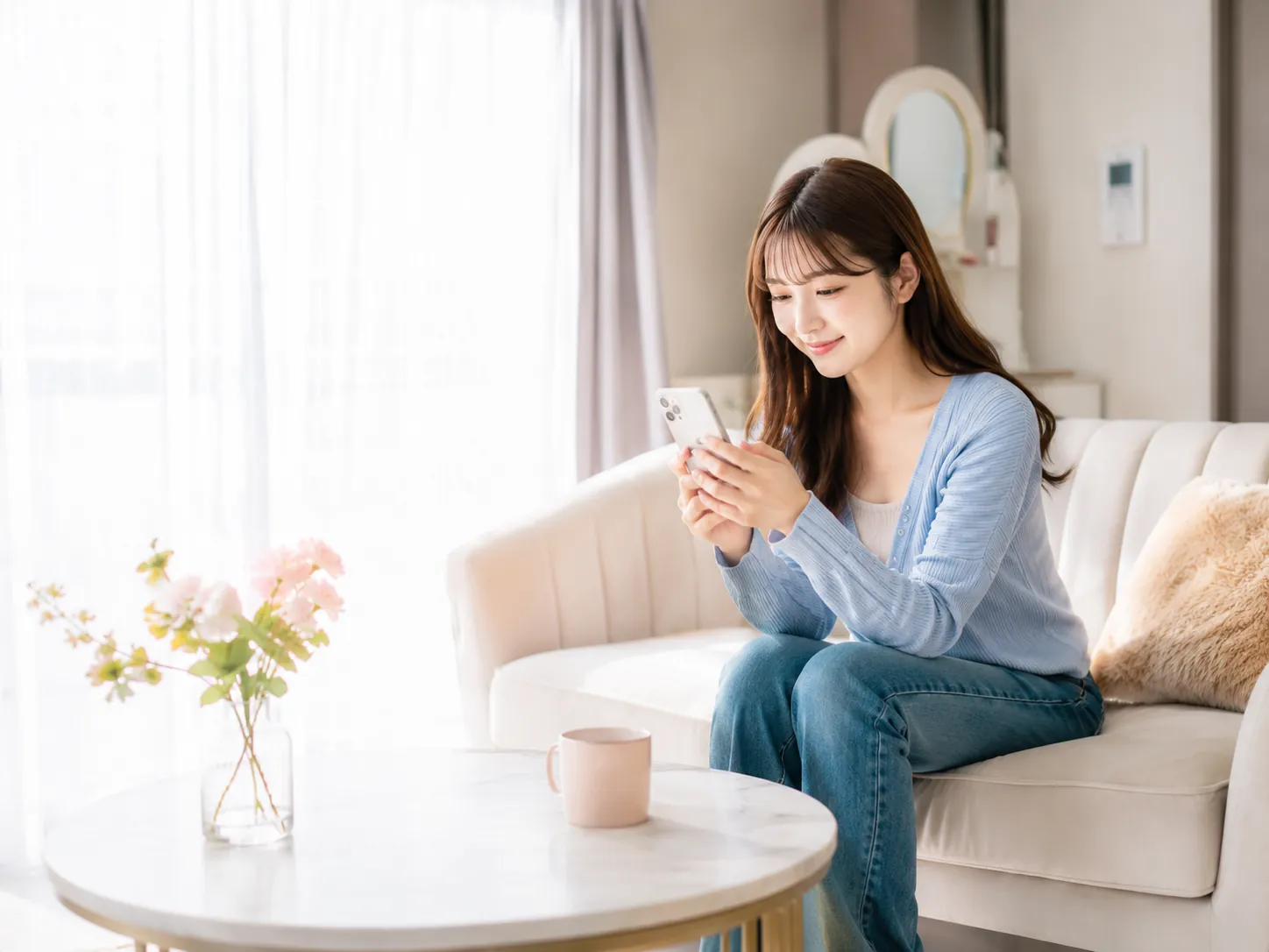 自宅でスマホから応募する女性
