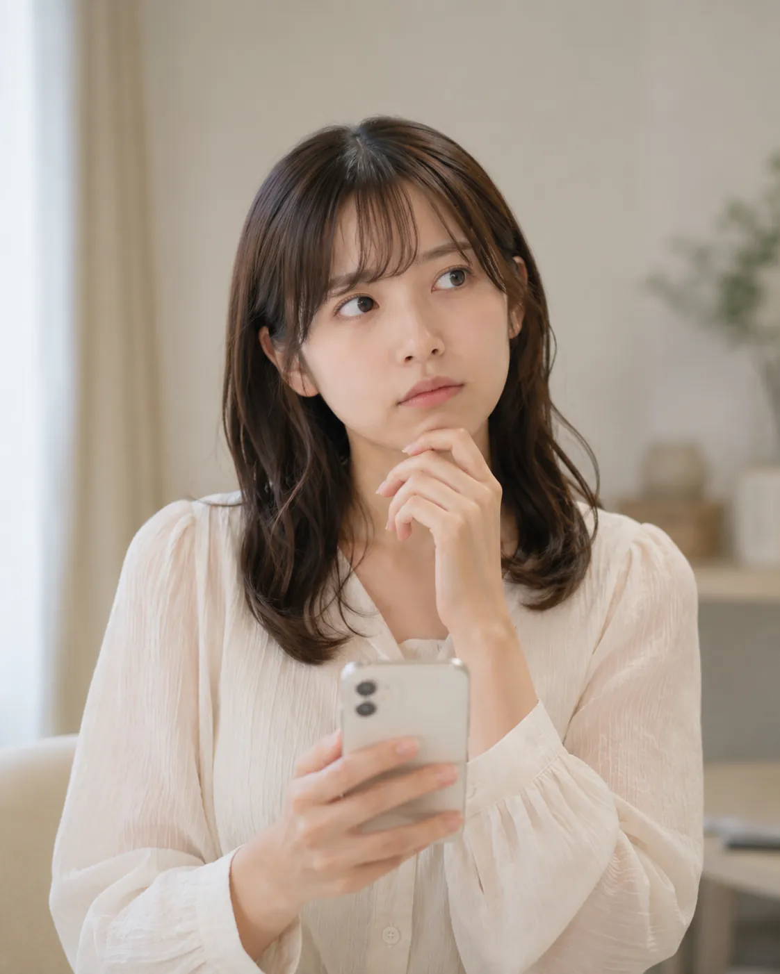 スマートフォンを持って考え込む女性